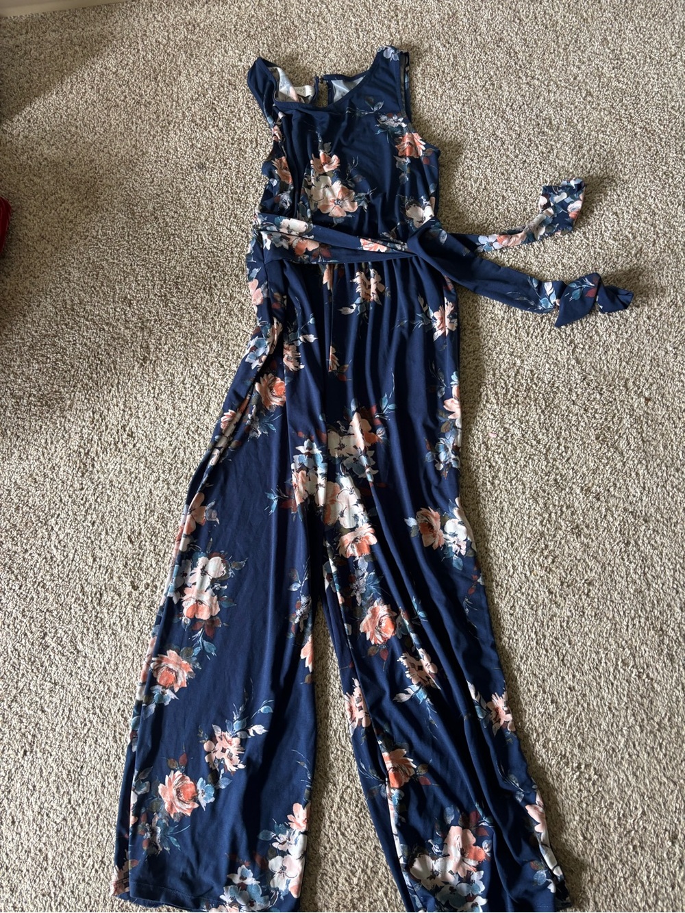 Navy Floral Sleeveless Wide-Leg Jumpsuit with Tie Waist